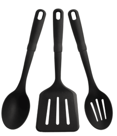 3-Piece Kitchen Utensil Set, Slotted Spatula, Slotted Spoon and Solid Spoon, Black, Nylon